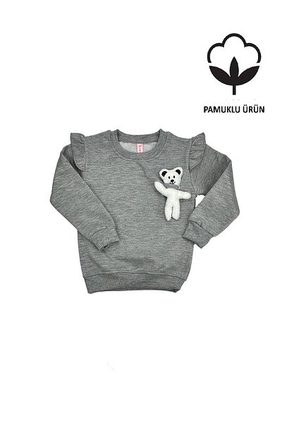 PEMBE LİFE Teddy Bear Ruffle Sleeve Baby Girl Sweat Gray