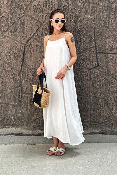 MOLLYMORE Kadın Kumaş Askılı Uzun Beyaz Elbise