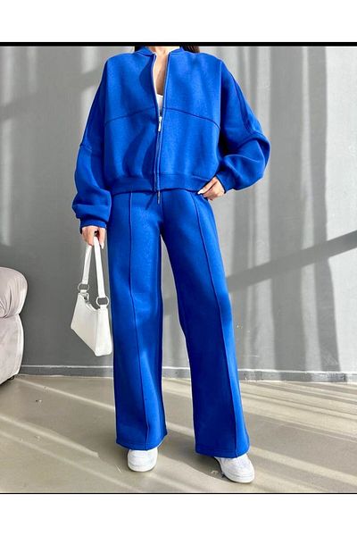 Club Floral Fashıon 3 Yarn Compact Raised Palazzo and Cardigan Tracksuit Set