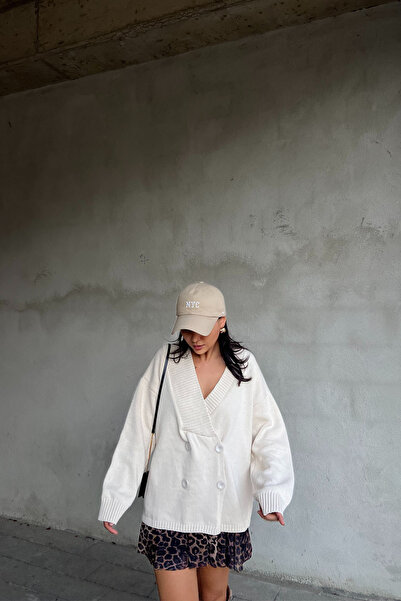 Seda Yalçın Atelier Double Breasted Collar Cream Cardigan - Buttoned