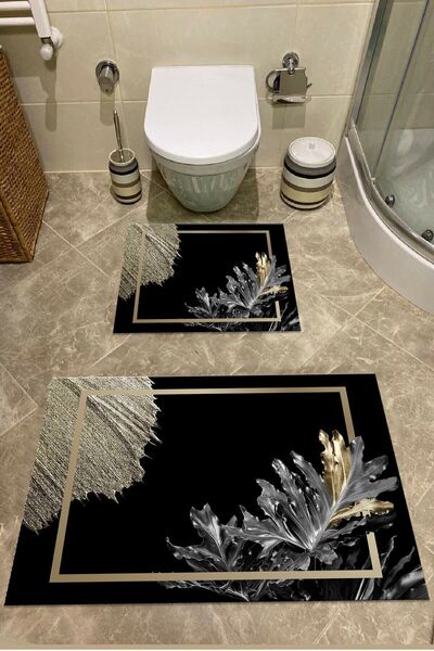 SÜNGERSAN Gold Color Gold Detailed Black Bath Mat Toilet Seat Set Set of 2 with Non-Slip Base