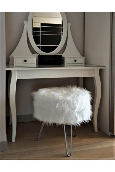 Morfoni Peluş Puf Yuvarlak Model Beyaz Kumaş - Gri Ayak Mrf-0895