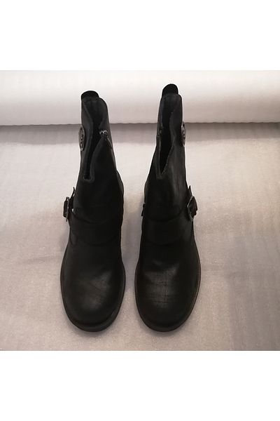 B.F.G POLO STYLE Unisex Genuine Leather Black Laser Banded Buckle Zippered Rubber Sole Biker Boots