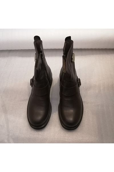 B.F.G POLO STYLE Bfg Polo Style Unisex Genuine Calf Leather Brown Banded Buckle Zippered Rubber Sole Biker Boots
