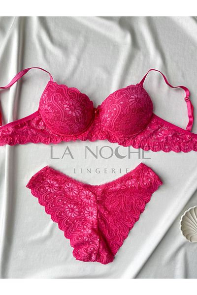 La Noche Lingerie Women's Pink Lace Underwire Supported Push Up Bra Panties Set