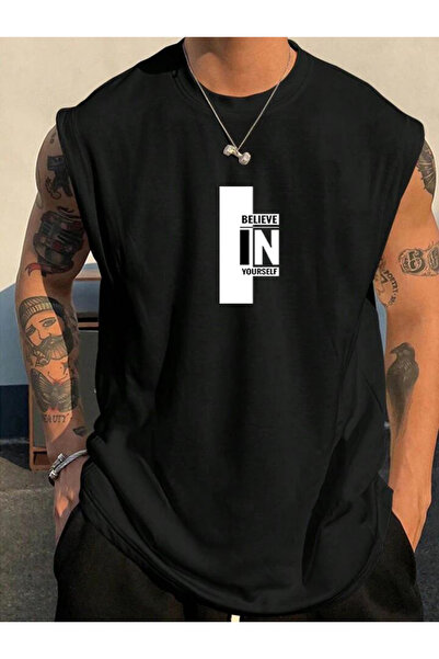 FAVORİST Believe Baskılı Kolsuz Atlet Tshirt  Erkek Sıfır Kol Giyim Spor Giyim Oversize