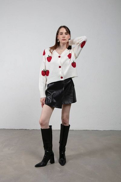fujya Women's V-Neck Strawberry Patterned Knitwear Cardigan