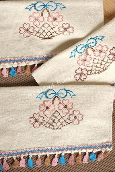 Meslina Home 3-Piece Cream Towel Set - Fringed and Embroidered, 30x50 Cm Hs-coloured