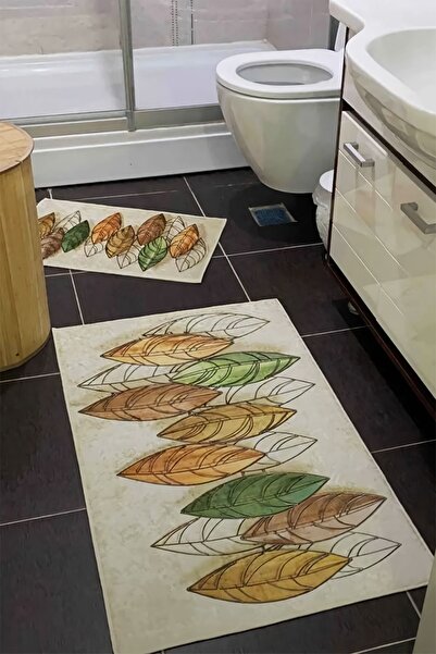 SÜNGERSAN Leaf Patterned Bath Mat Toilet Set Set of 2 with Non-Slip Base