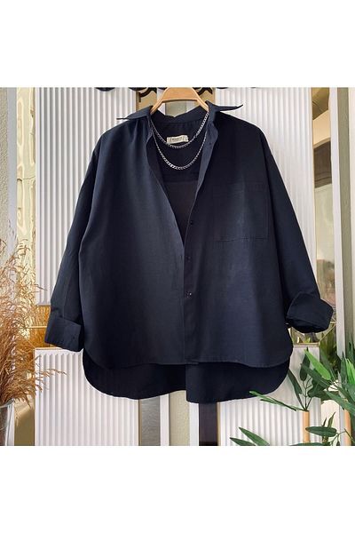 modabetce Shirt Black Oversize Balloon Sleeve Pleat Detailed Long Basic Women's Shirt 0001