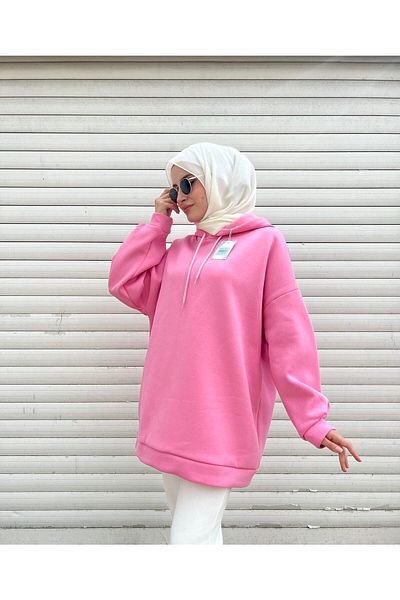 modabetce Extra Oversize Basic Pink 3 Thread Cotton Raised Women's Sweatshirt 1003
