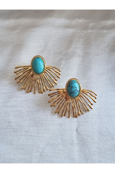 Brassito Gold Colored Turquoise Stone Steel Earrings - Pendant Lamp Model 316l Non-tarnish