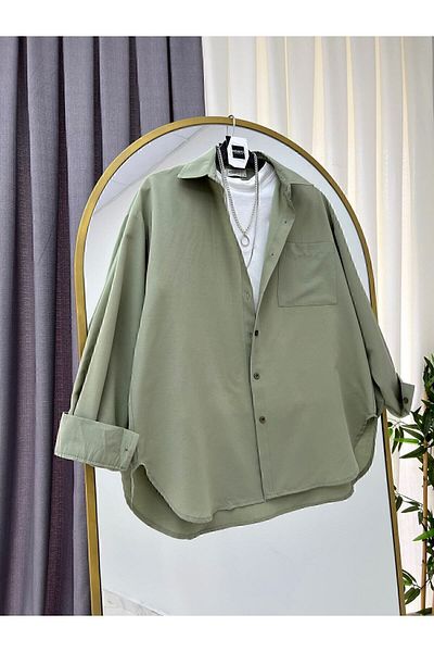 modabetce Khaki Green Oversize Women's Shirt - Balloon Sleeve and Pleat Detail