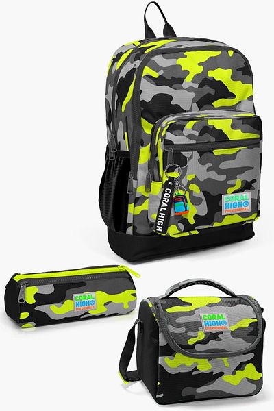 Yaygan Coral High Kids 3-Piece Black Gray Camouflage School Bag Set 0123117