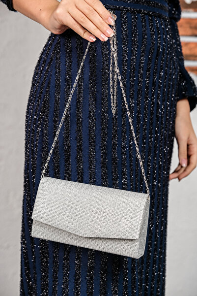 ROZA CANTA Γυναικεία Ασημένια Glitter Mini Box Βραδινή Τσάντα ώμου