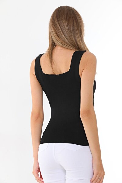 OnMODA Μαύρο πλεκτό τετράγωνο λαιμό - Χοντρό λουράκι και μακρύ εσώρουχο γυναικεία μπλούζα Square1001