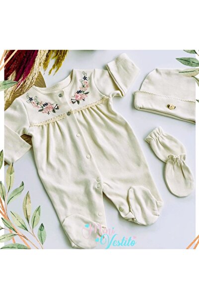 Eda Baby Zeta Ortanca Nakışlı % 100 Pamuklu Penye Şapkalı Eldivenli Tulum