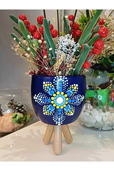 Dekoratif atölye Mandala Işleme Taş Saksı - El Işçiliği - Ahşap Ayaklı Beton ...