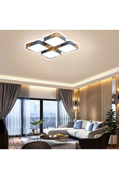 CATLUZ Kare Antrasit Kumandalı Dimli 3 Işık Renkli Ahşaplı 50x50cm Led Tavan Lambası, Modern Aydınlatma