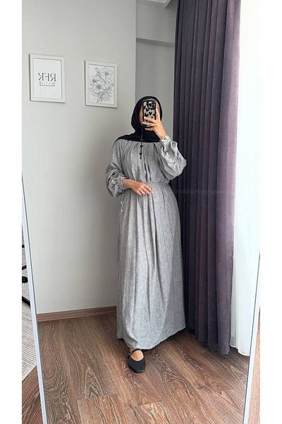 RFK Butik Γυναικείο φόρεμα με λουράκι με μπαλόνι με λινό γκρι σχέδιο