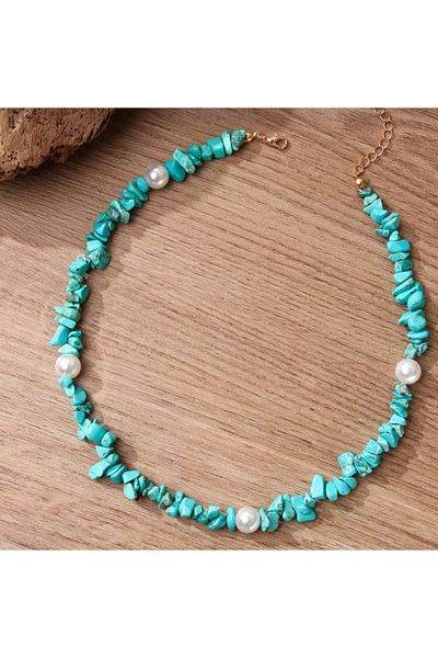 İPAR AKSESUAR Turquoise Natural Broken Stone Pearl Design Necklace