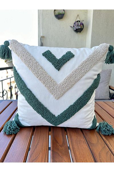 punchatolyem Bohemian Geometric Model Punchhatolyesii - Ecru Colored Handmade Throw Pillow Cover 43X43