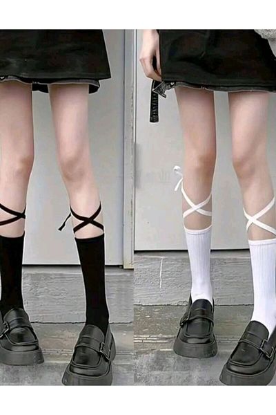 CEYA Cotton Korean Style White School Socks - Lace-Up Tennis Design