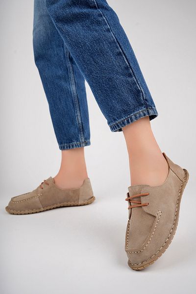 Deripabuc Genuine Leather Beige Suede Women's Leather Loafer Dp77-0602