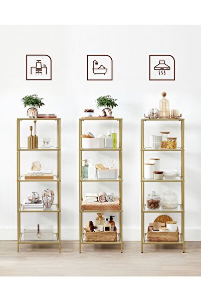 TOLIAHOME Modern 5 Katlı Gold Renk Metal İskeletli Temperli Cam Raflı Kitaplık Aksesuar Rafı