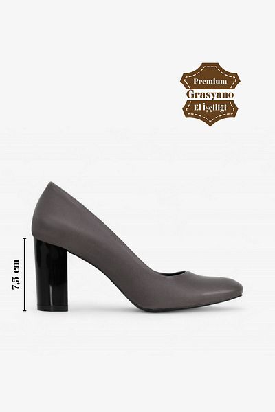 Grasyano Anthracite Gray Genuine Leather Classic Heeled Shoes - 7.5 Cm Thick Heel, Work for Soft Leather