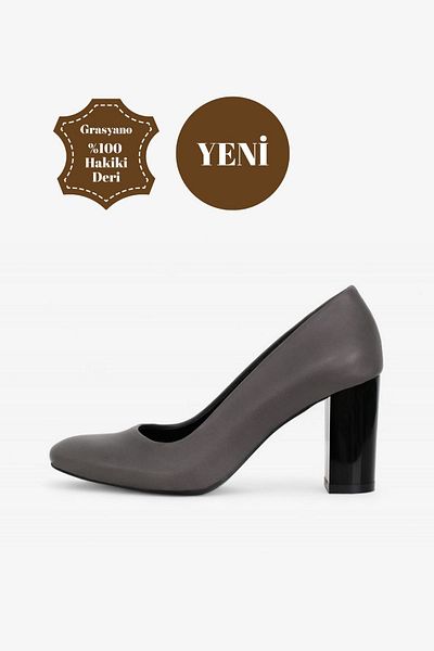 Grasyano Anthracite Gray Genuine Leather Classic Heeled Shoes - 7.5 Cm Thick Heel, Work for Soft Leather