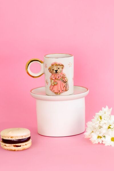 SİNEM YAMAN HOME Pink Girl Bear Ceramic Cup / Handmade Ceramic Cup