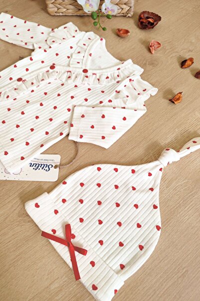 Sitilin White Heart Patterned, Luxury Decorated 5-Piece Hospital Set for Baby Girl - Stl6398
