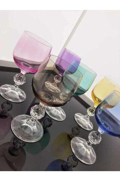 panayır 6'lı El Dekoru Renkli Kahve Yanı Su Bardağı, Kadeh, Bohemia Cam Su Bardağı