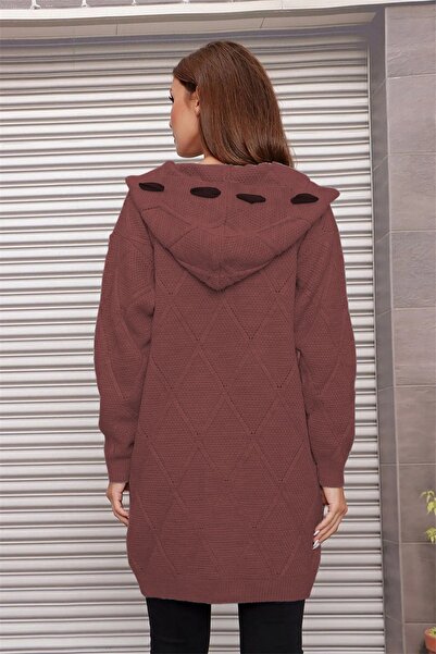 AQE FASHION Γυναικεία πλεκτή ζακέτα με ανάγλυφο σχέδιο με κουκούλα σε κανέλα