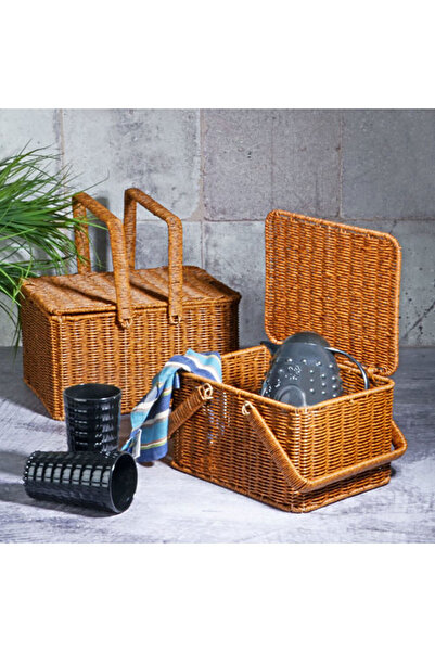 Kosova 1 Adet Dikdörtgen Rattan Örgü Ekmek Sepeti Piknik Sepeti - 38cm