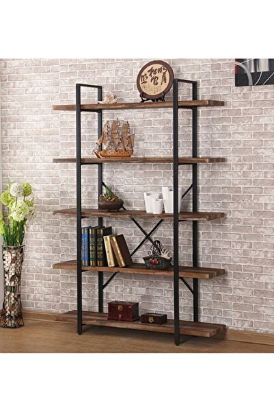 MFG AHŞAP Ahşap Demir Ayaklı 5 Raflı Kitaplık 200x110x24