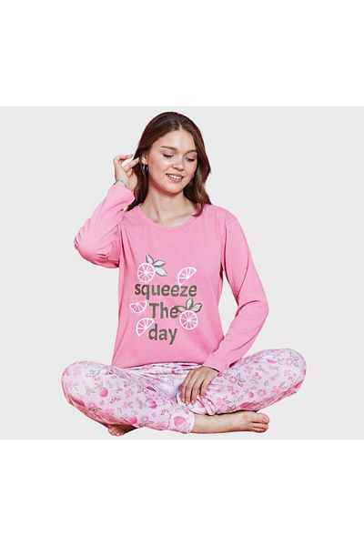 tusem butik homewear Set de pijamale pentru femei cu model de frunze de flori de fructe de portocaliu roz - decolteu, mâneci lungi