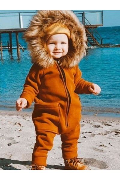 Ares Kids Fashion Fur Collar Hooded Fleece Inside Jumpsuit Clothing for Baby and Children Boys and Girls Holiday Gift