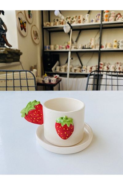 Banuart Ceramic Turkish Coffee Cup - Strawberry Gift Handmade