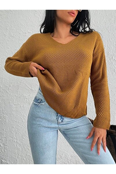 AQE FASHION Pulover de culoare muștar cu decolteu în V din tricot de orez