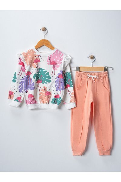 BUUFUU Flamingo Printed Girl's Tracksuit and Sweatshirt Set - Long Sleeve
