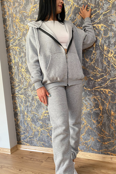 FEVİLLE Γκρι Oversize Γυναικεία Ζακέτα Fleece - Τρεις Κλωστές