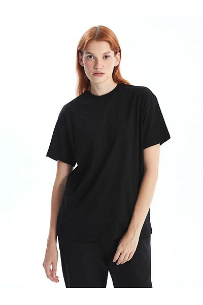 LC Waikiki Lcw Modest - Black Crew Neck and Shiny Rhinestones Women's Tunic