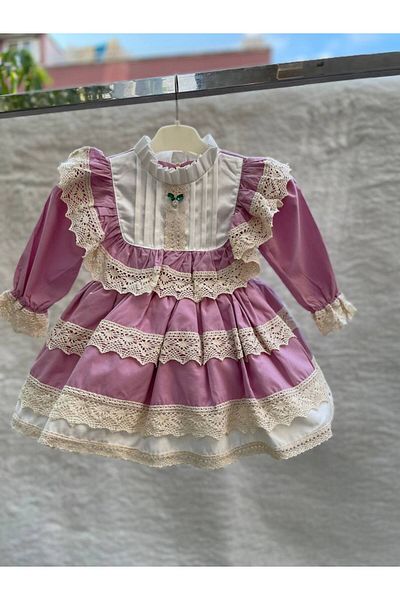 Sare Çocuk Giyim Lilac Vintage - Cotton Cream Laced Antiallergic Birthday Evening Dress