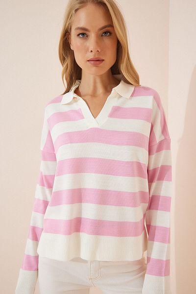 BEŞİR GİYİM Ecru Women's Knitwear Sweater - Pink Polo Collar and Striped