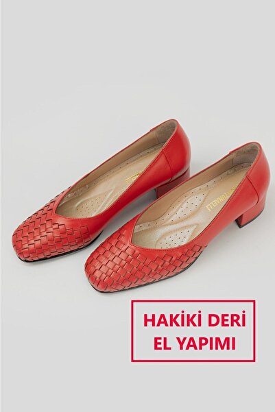 TUNAELLİ Women's Red Braided Genuine Leather Heeled Shoes Size 35-41