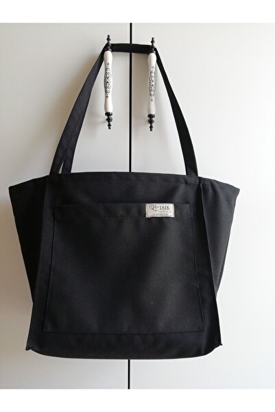 IŞIK Siyah Kanvas Kumaş Fermuarlı Tote Çanta