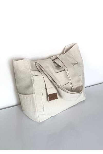 LUNAFEL Çok Cepli Pamuk Ham Keten Tote El Kol Ve Omuz Çantası - Büyük Boy