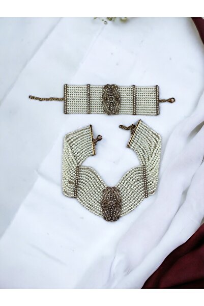 FAYRA ACCESSORIES Zirkon Taşlı Inci Tasma Kolye Ve Bileklik Seti